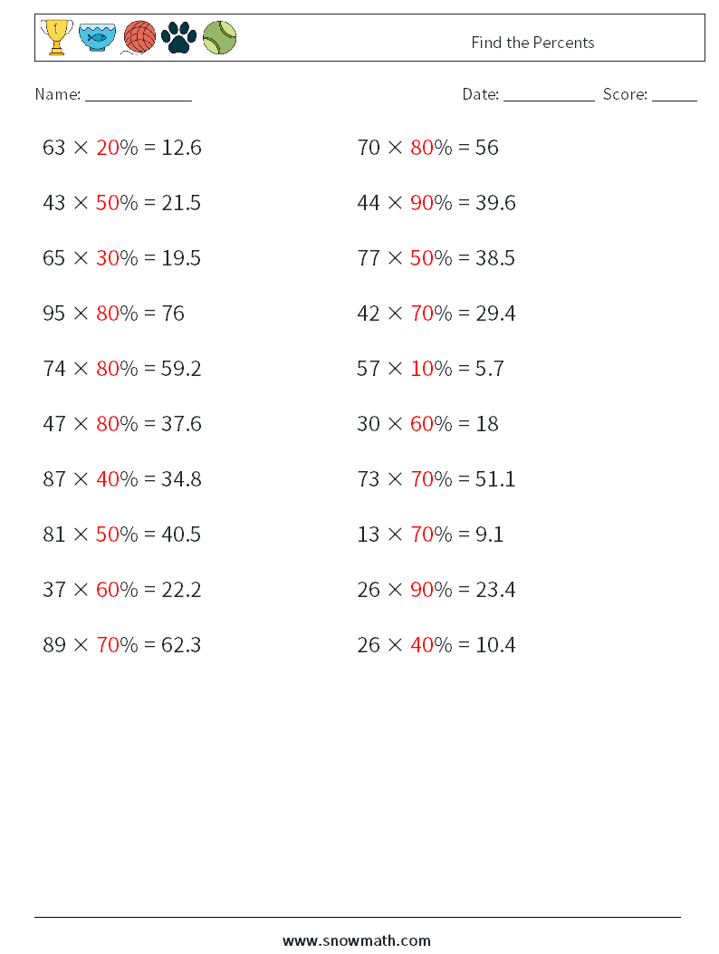 Find the Percents Maths Worksheets 5 Question, Answer