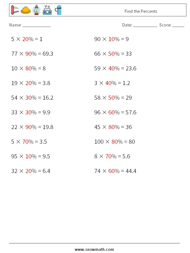 Find the Percents Maths Worksheets 6 Question, Answer