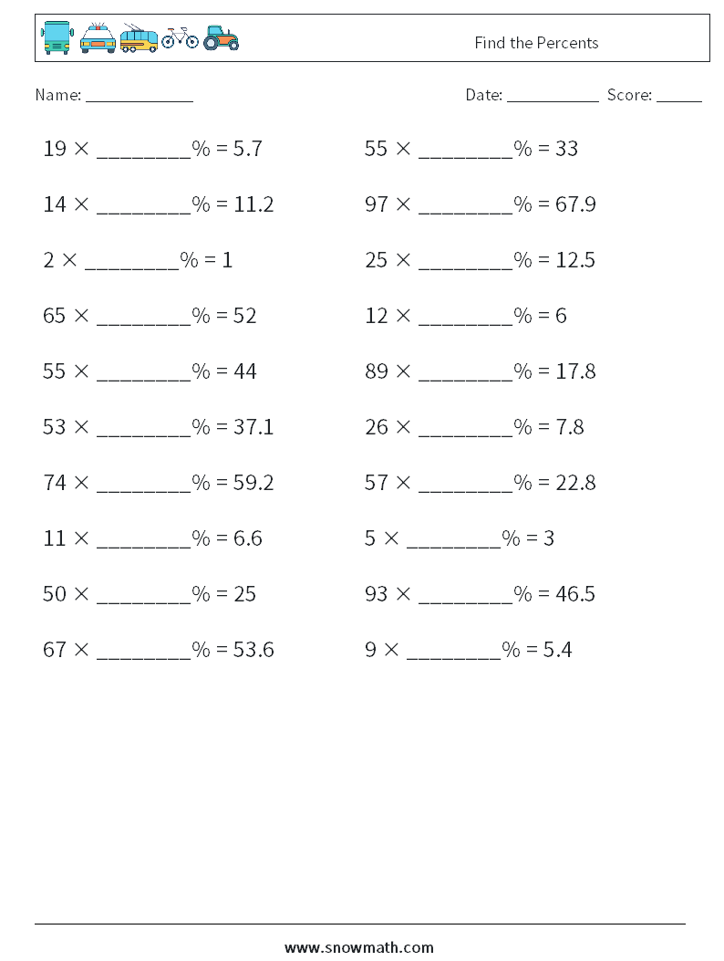 Find the Percents Maths Worksheets 7