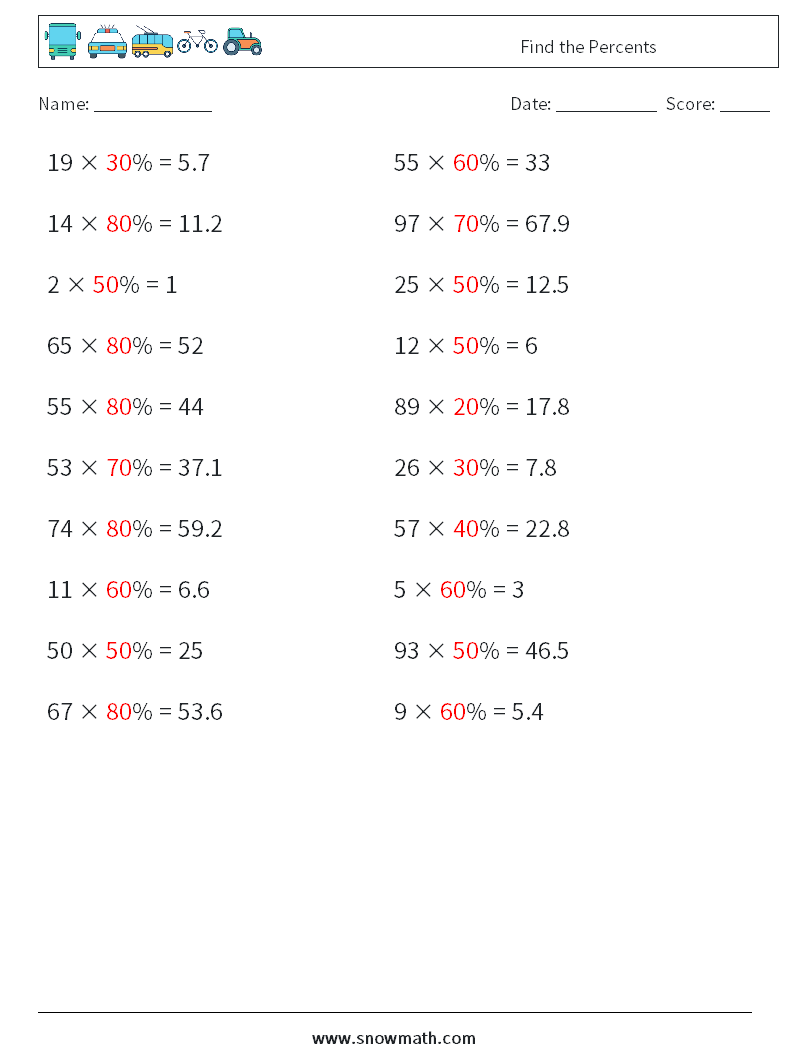 Find the Percents Maths Worksheets 7 Question, Answer
