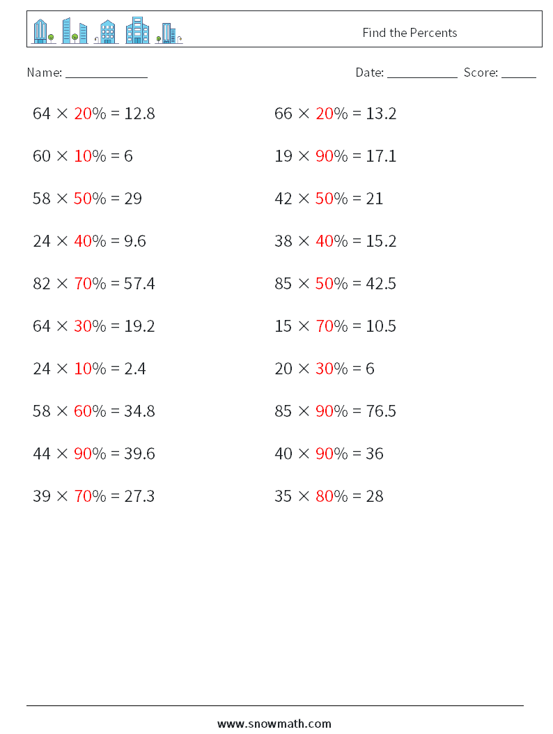 Find the Percents Maths Worksheets 8 Question, Answer