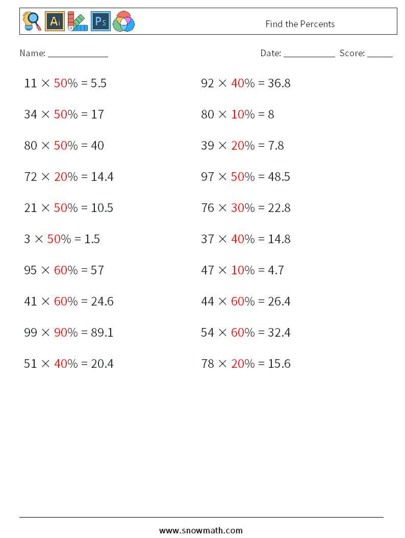 Find the Percents Maths Worksheets 9 Question, Answer