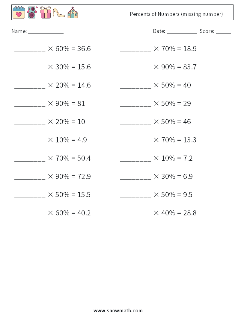 Percents of Numbers (missing number) Maths Worksheets 7