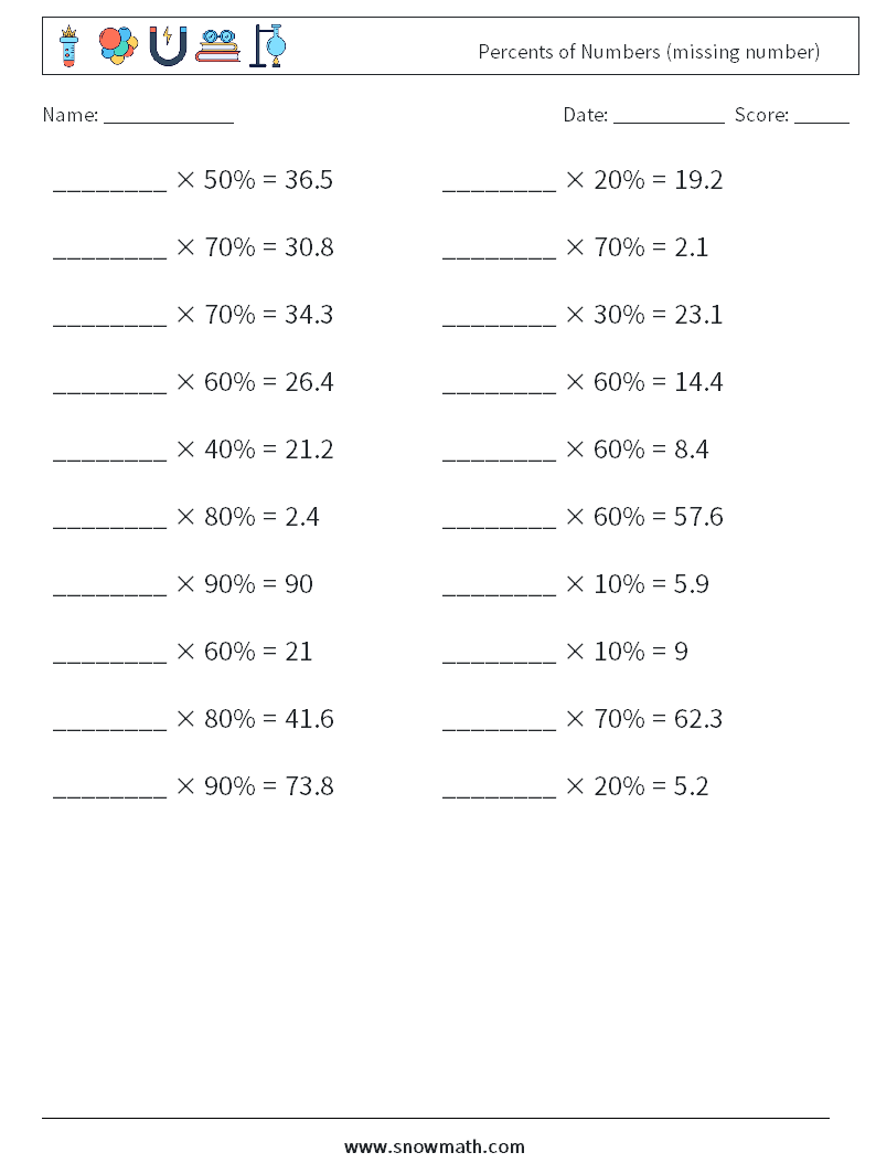 Percents of Numbers (missing number) Maths Worksheets 8