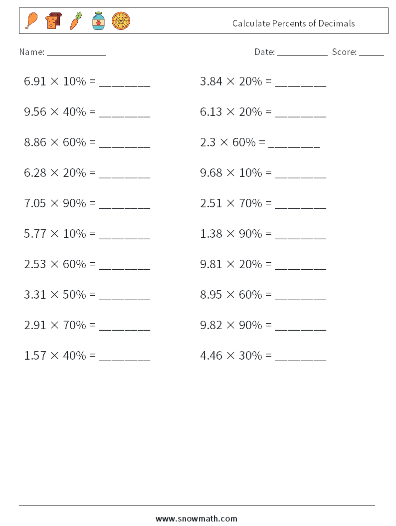 Calculate Percents of Decimals Maths Worksheets 1