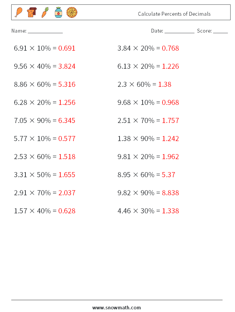 Calculate Percents of Decimals Maths Worksheets 1 Question, Answer