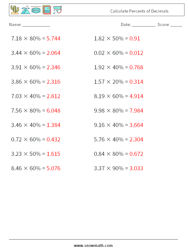 Calculate Percents of Decimals Maths Worksheets 2 Question, Answer