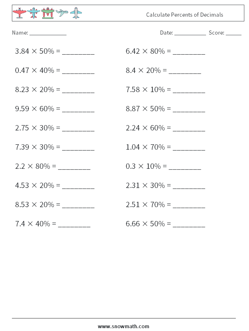 Calculate Percents of Decimals Maths Worksheets 3