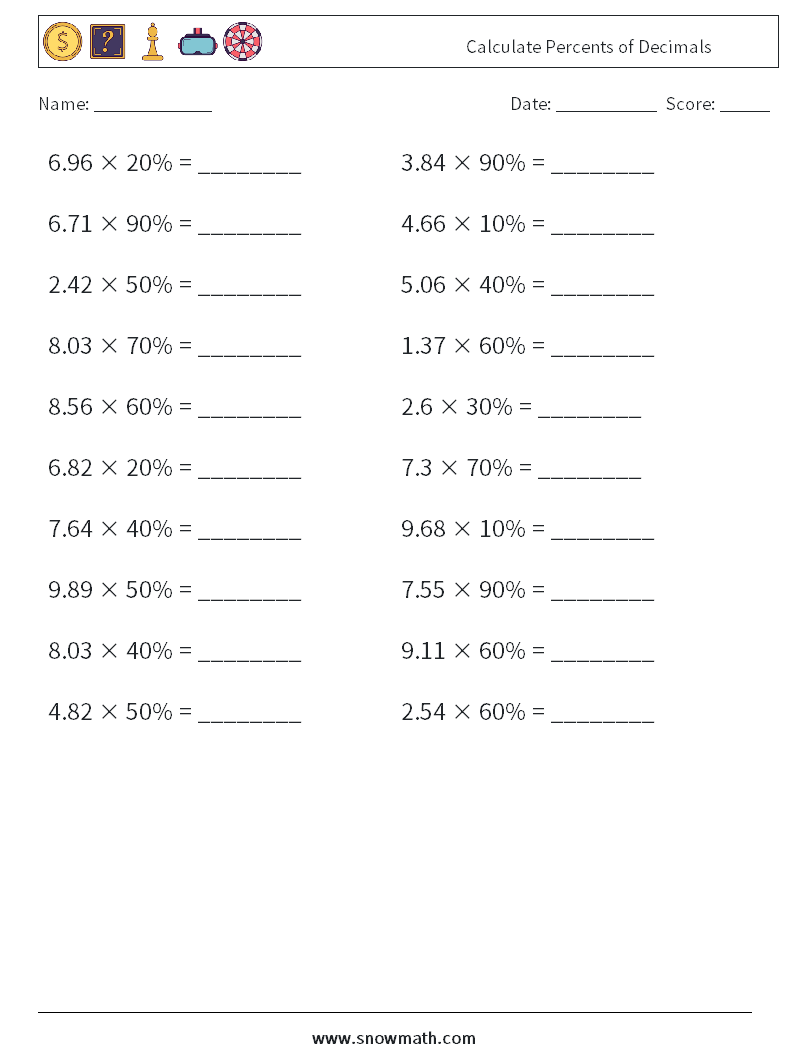 Calculate Percents of Decimals Maths Worksheets 4