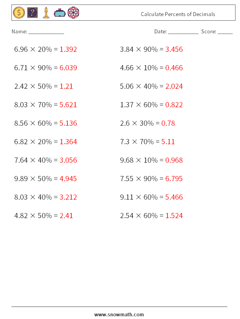 Calculate Percents of Decimals Maths Worksheets 4 Question, Answer