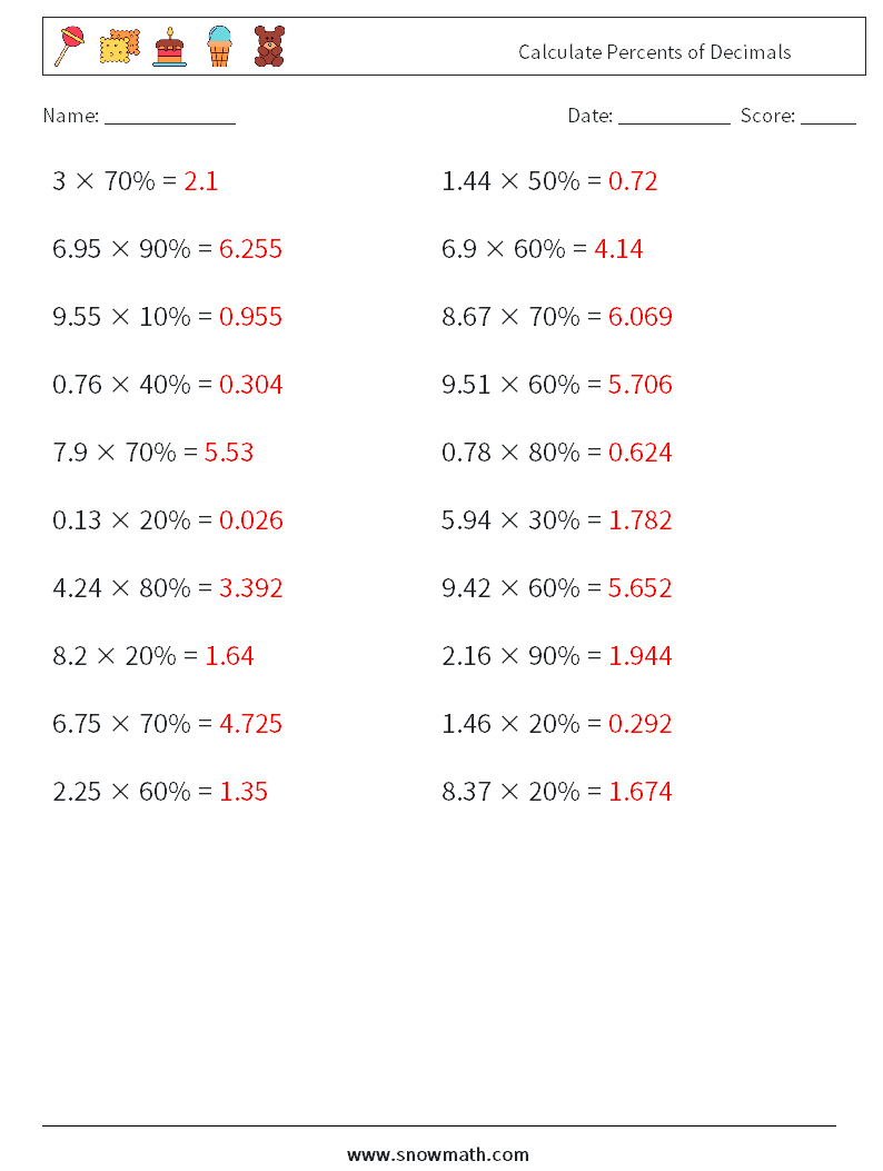 Calculate Percents of Decimals Maths Worksheets 5 Question, Answer