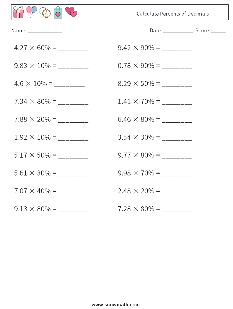 Calculate Percents of Decimals Maths Worksheets 6