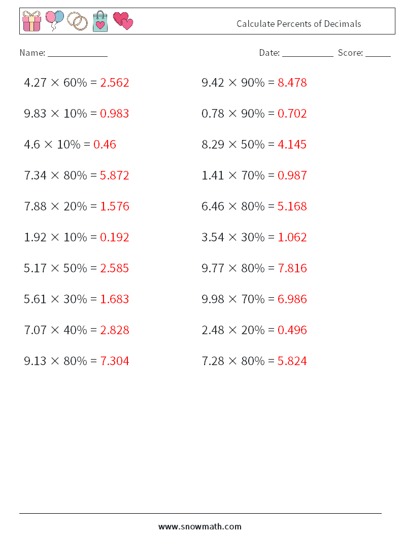 Calculate Percents of Decimals Maths Worksheets 6 Question, Answer