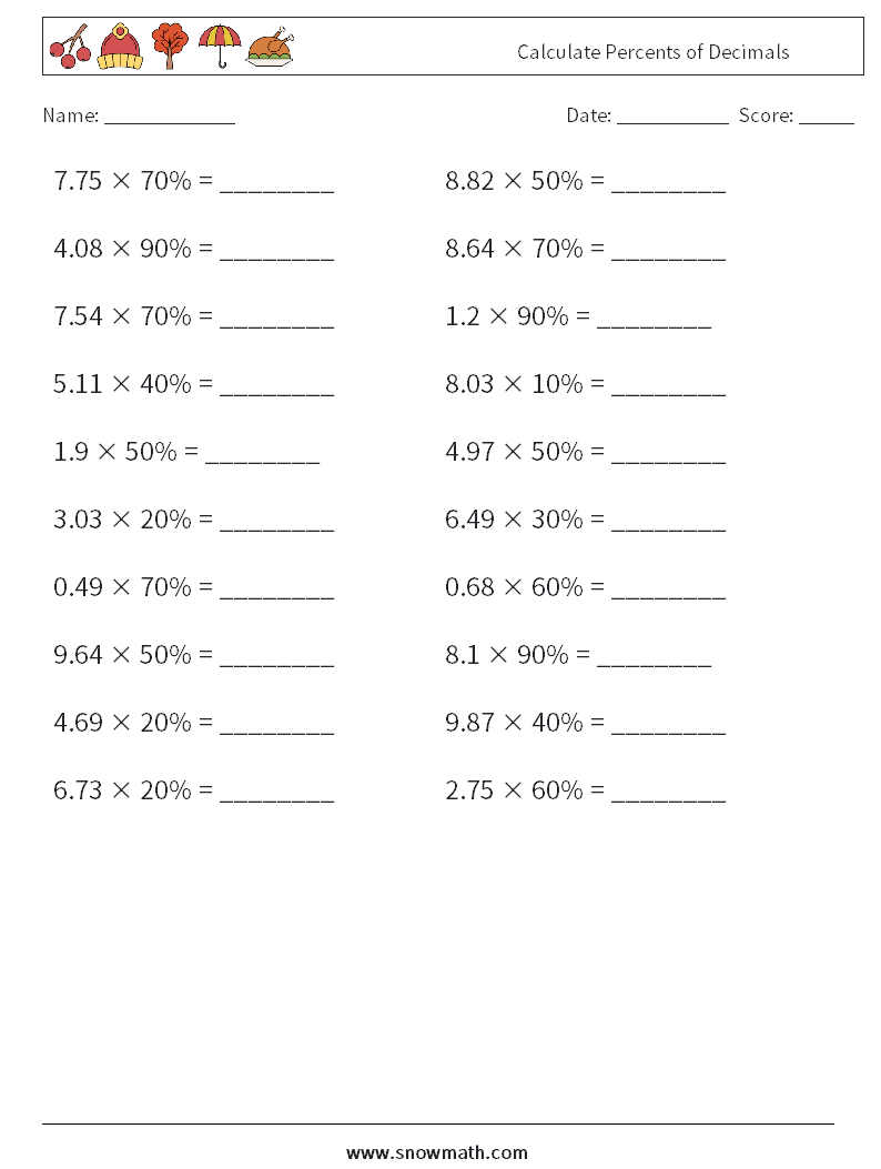 Calculate Percents of Decimals Maths Worksheets 7