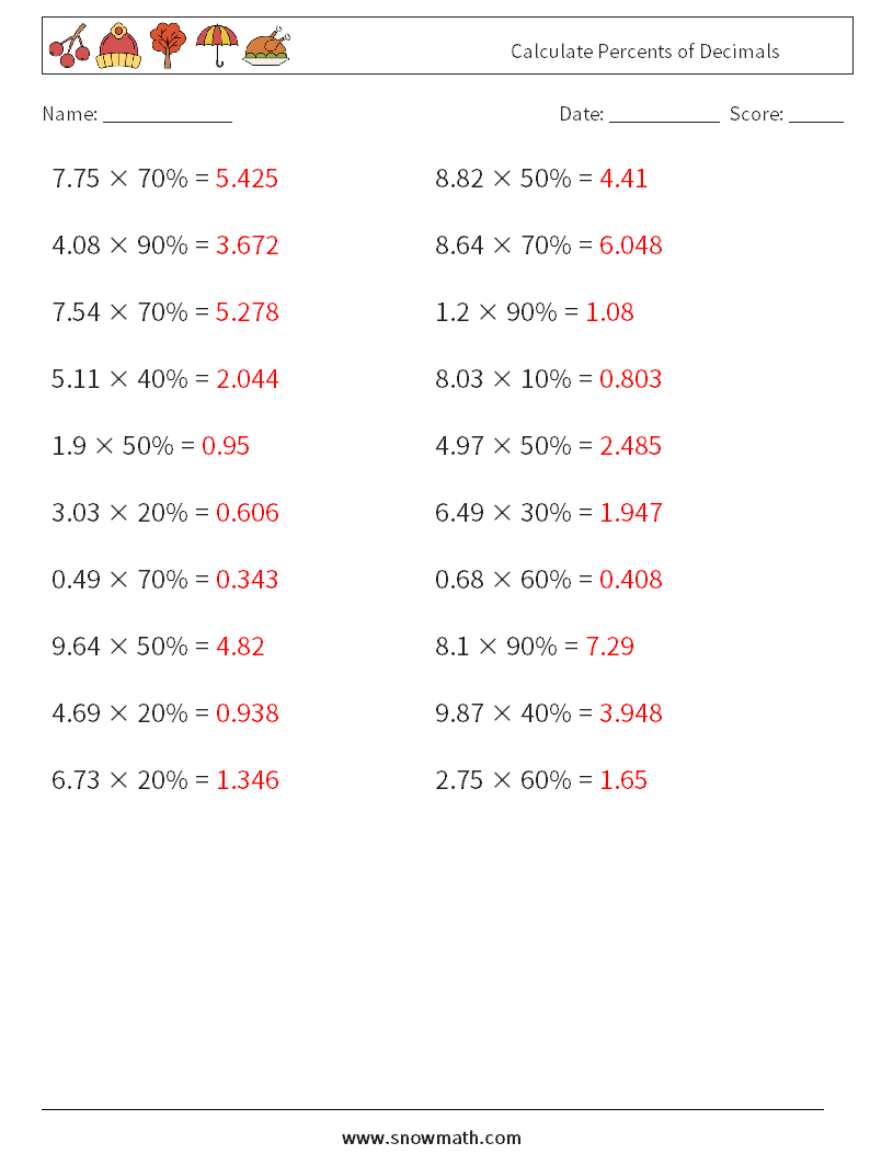 Calculate Percents of Decimals Maths Worksheets 7 Question, Answer