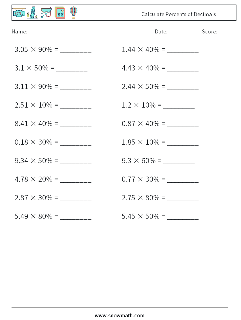 Calculate Percents of Decimals Maths Worksheets 8