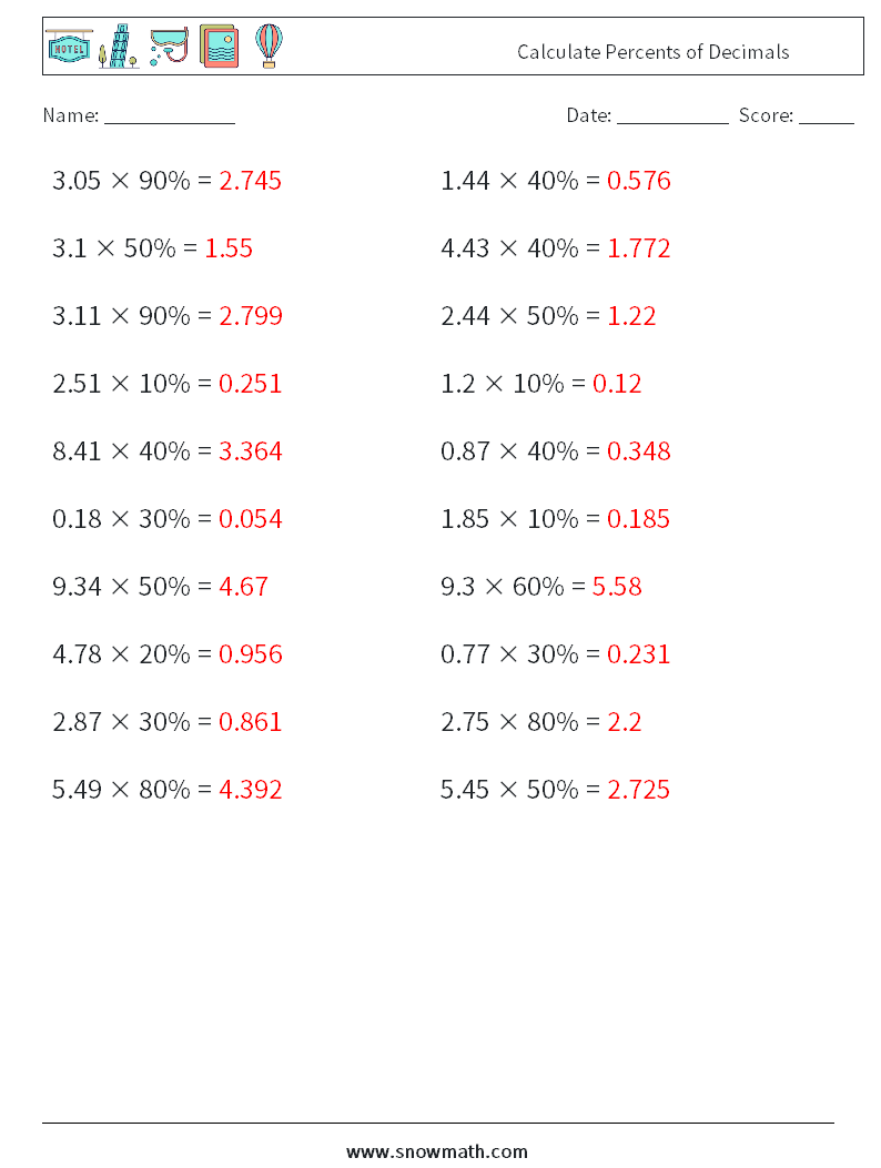 Calculate Percents of Decimals Maths Worksheets 8 Question, Answer