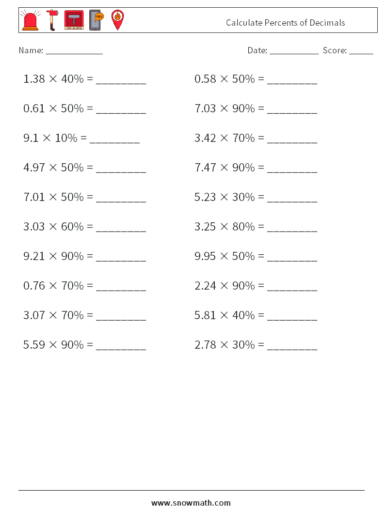 Calculate Percents of Decimals Maths Worksheets 9