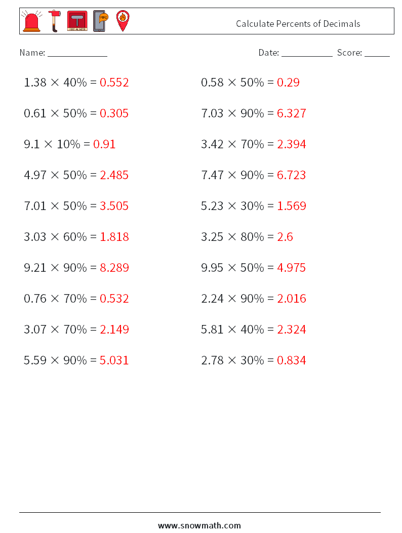 Calculate Percents of Decimals Maths Worksheets 9 Question, Answer