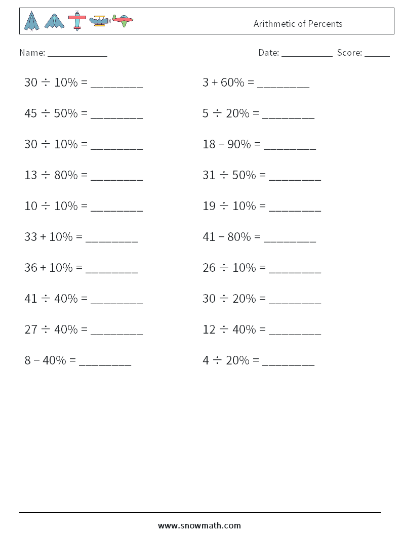 Arithmetic of Percents Maths Worksheets 1
