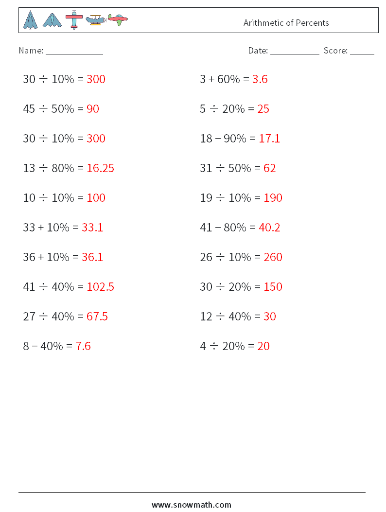 Arithmetic of Percents Maths Worksheets 1 Question, Answer