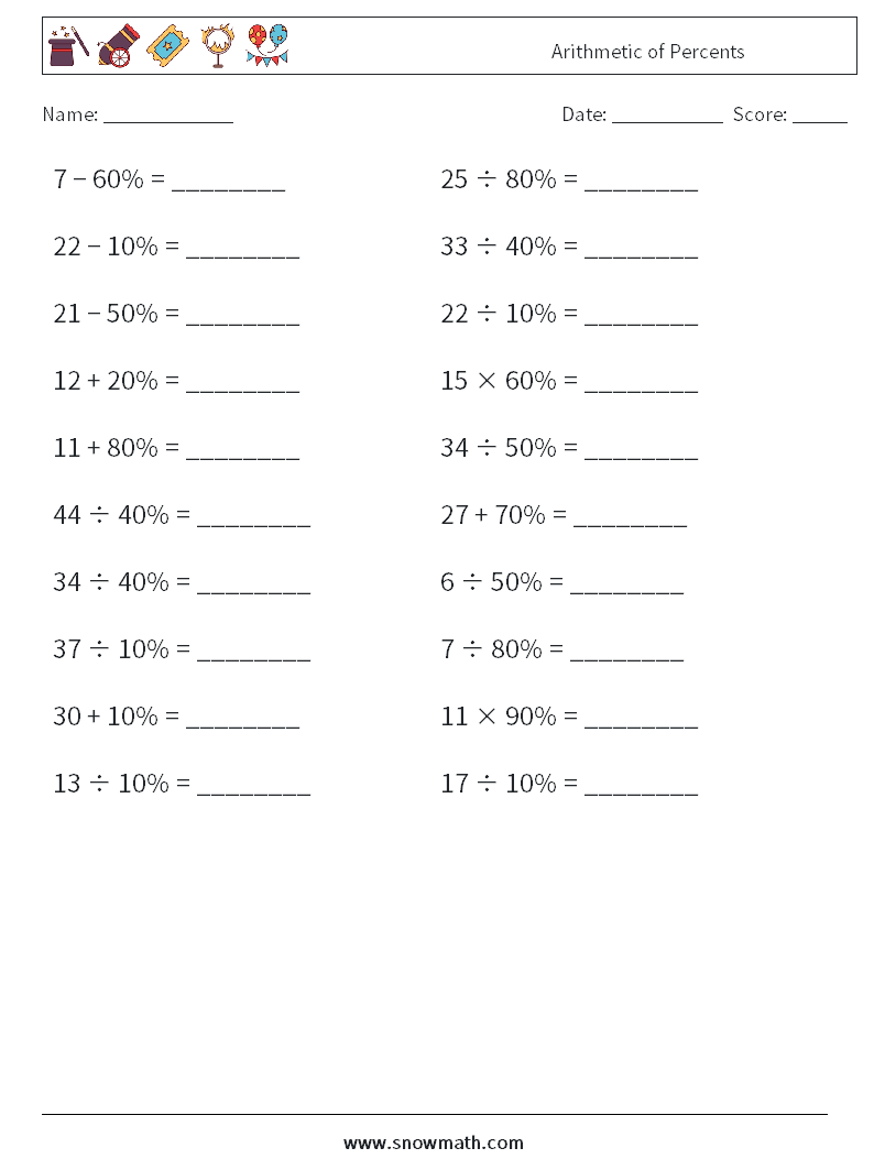 Arithmetic of Percents Maths Worksheets 2