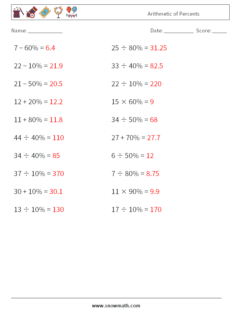 Arithmetic of Percents Maths Worksheets 2 Question, Answer