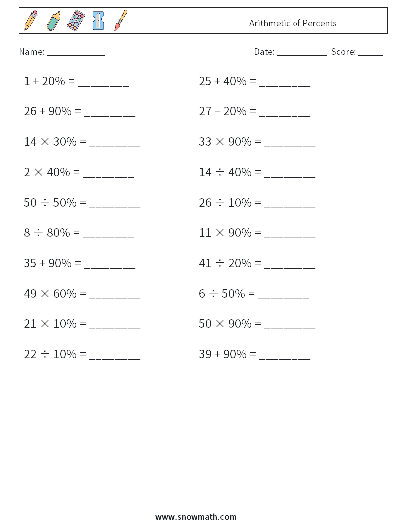 Arithmetic of Percents Maths Worksheets 3