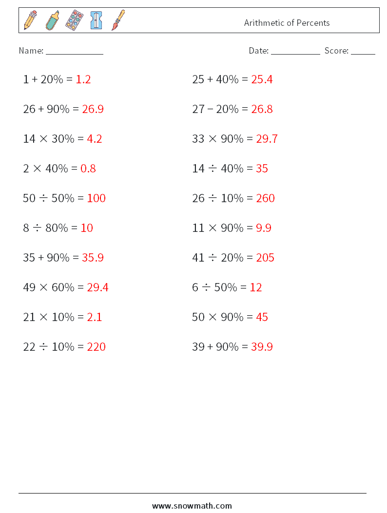 Arithmetic of Percents Maths Worksheets 3 Question, Answer