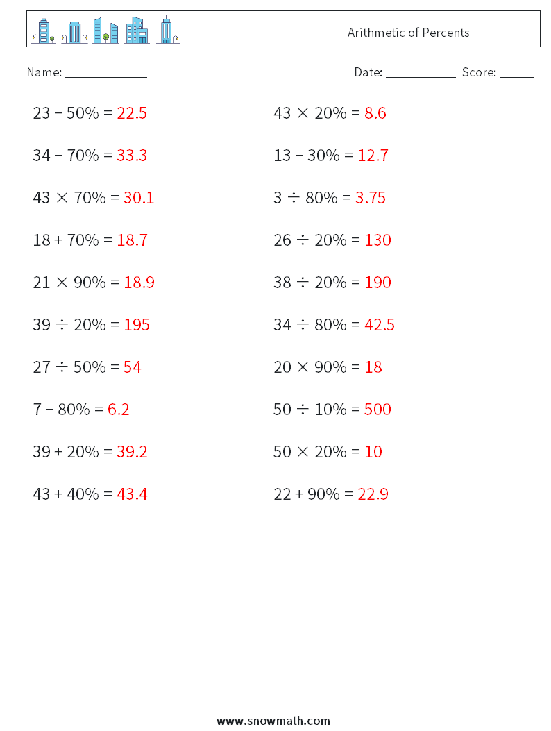 Arithmetic of Percents Maths Worksheets 4 Question, Answer