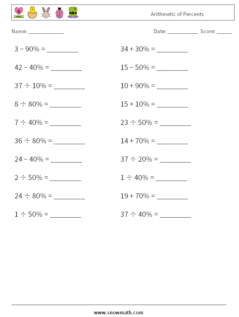 Arithmetic of Percents Maths Worksheets 5