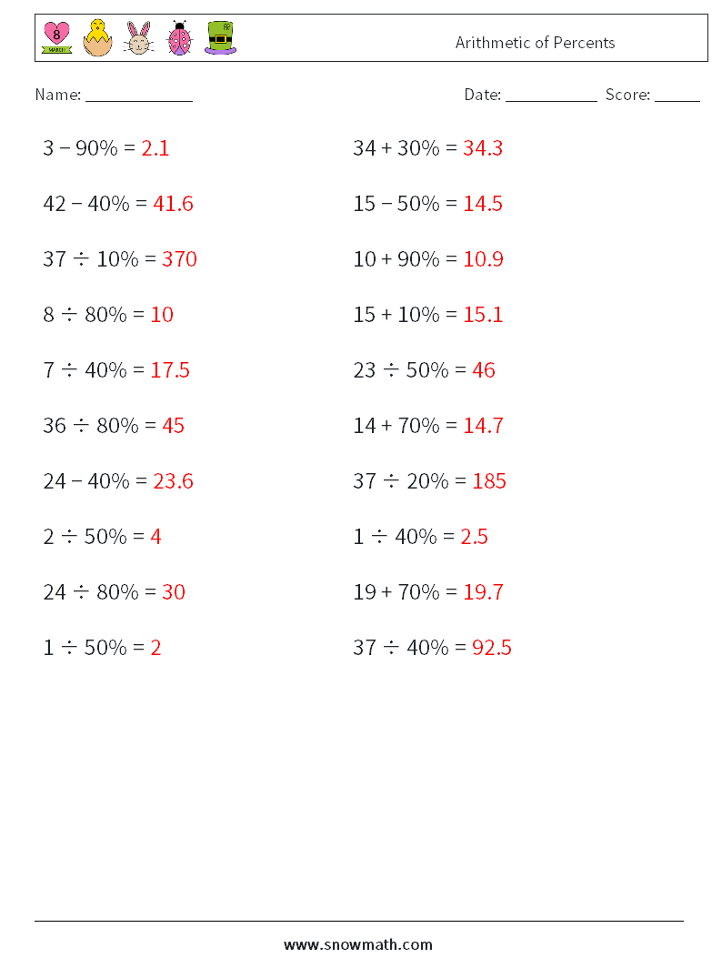 Arithmetic of Percents Maths Worksheets 5 Question, Answer