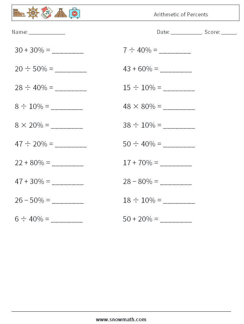 Arithmetic of Percents Maths Worksheets 6