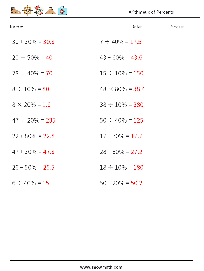 Arithmetic of Percents Maths Worksheets 6 Question, Answer