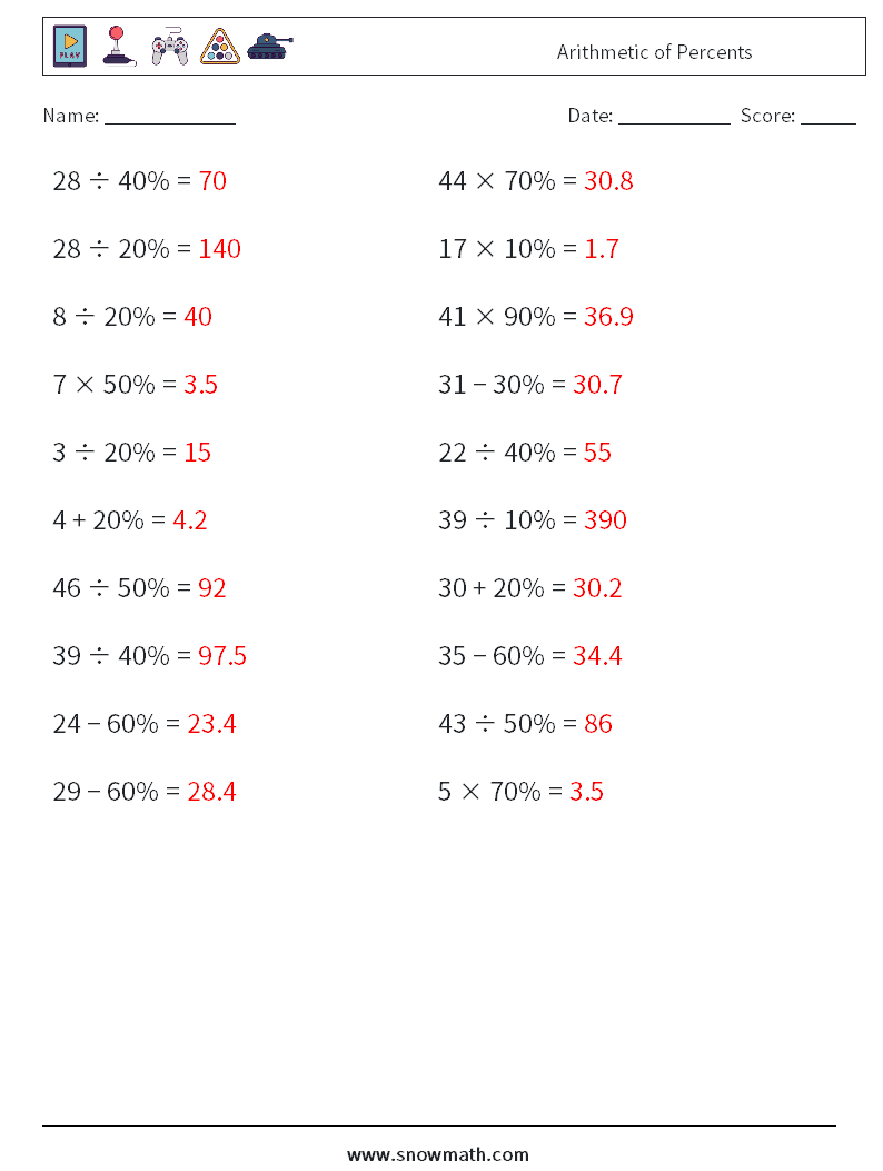 Arithmetic of Percents Maths Worksheets 7 Question, Answer