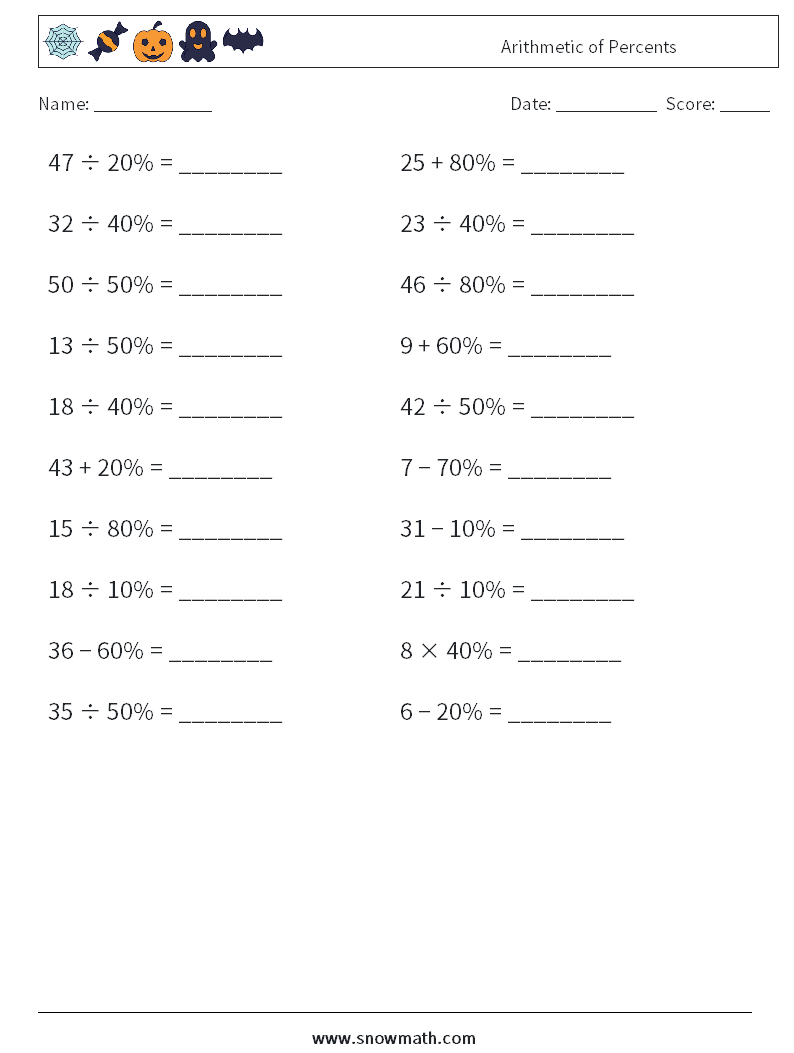 Arithmetic of Percents Maths Worksheets 8