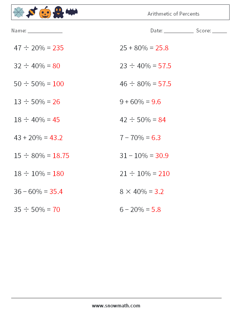 Arithmetic of Percents Maths Worksheets 8 Question, Answer