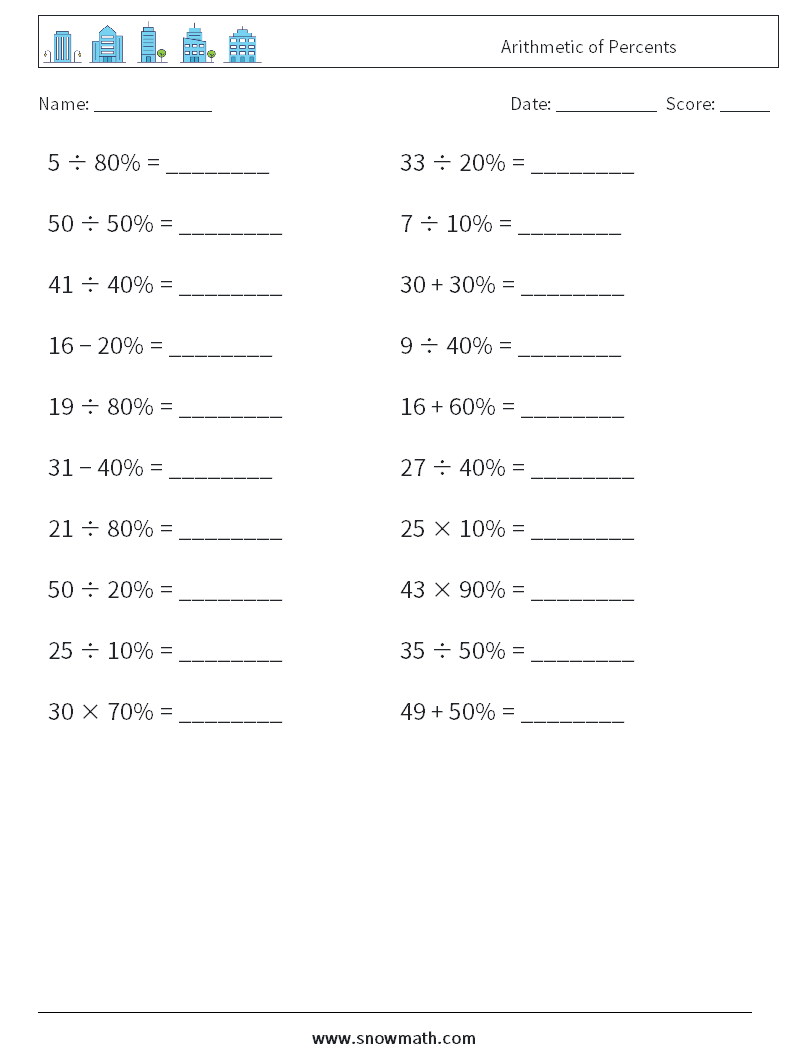 Arithmetic of Percents Maths Worksheets 9