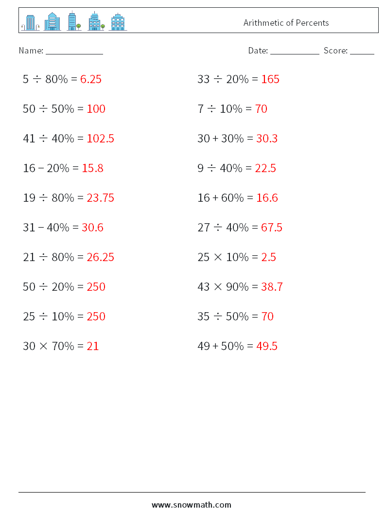 Arithmetic of Percents Maths Worksheets 9 Question, Answer