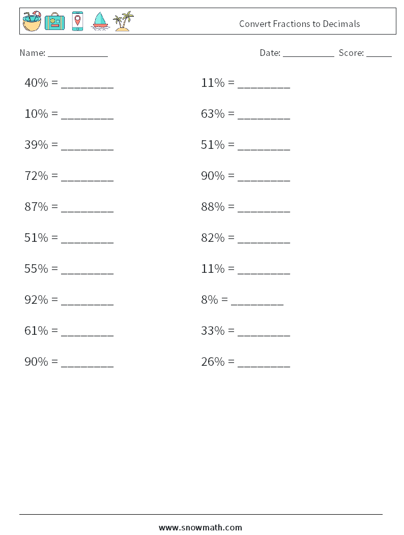 Convert Fractions to Decimals Maths Worksheets 1