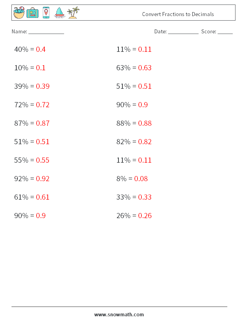 Convert Fractions to Decimals Maths Worksheets 1 Question, Answer