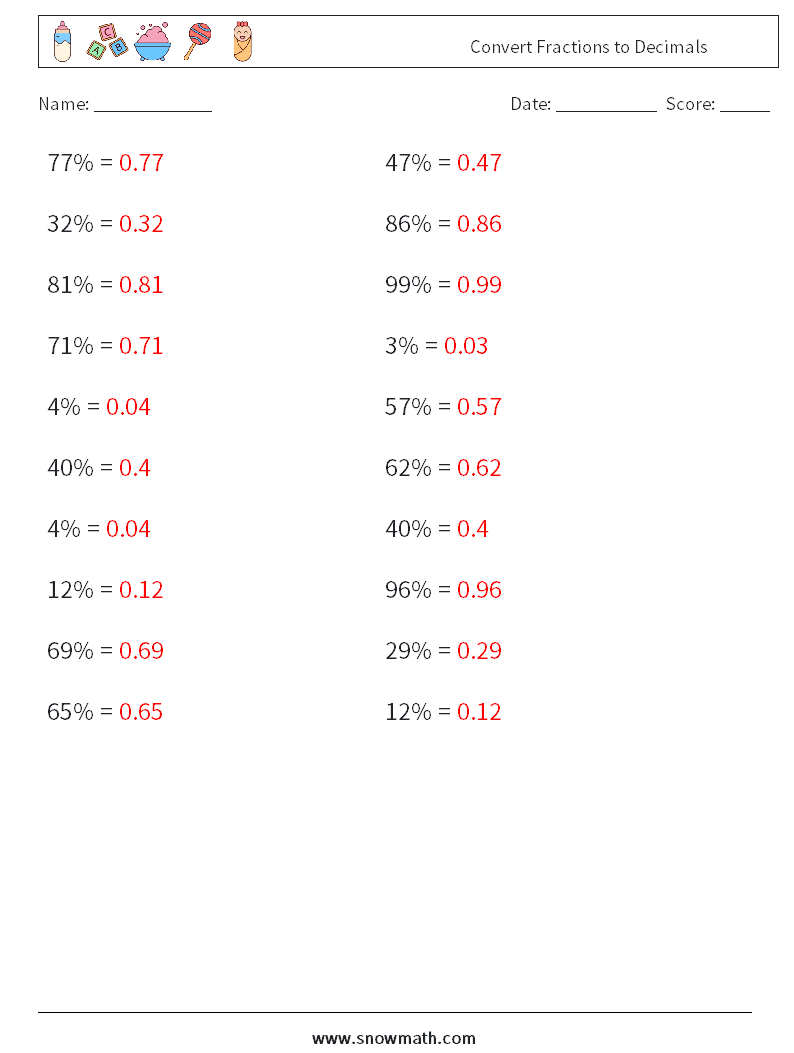 Convert Fractions to Decimals Maths Worksheets 2 Question, Answer