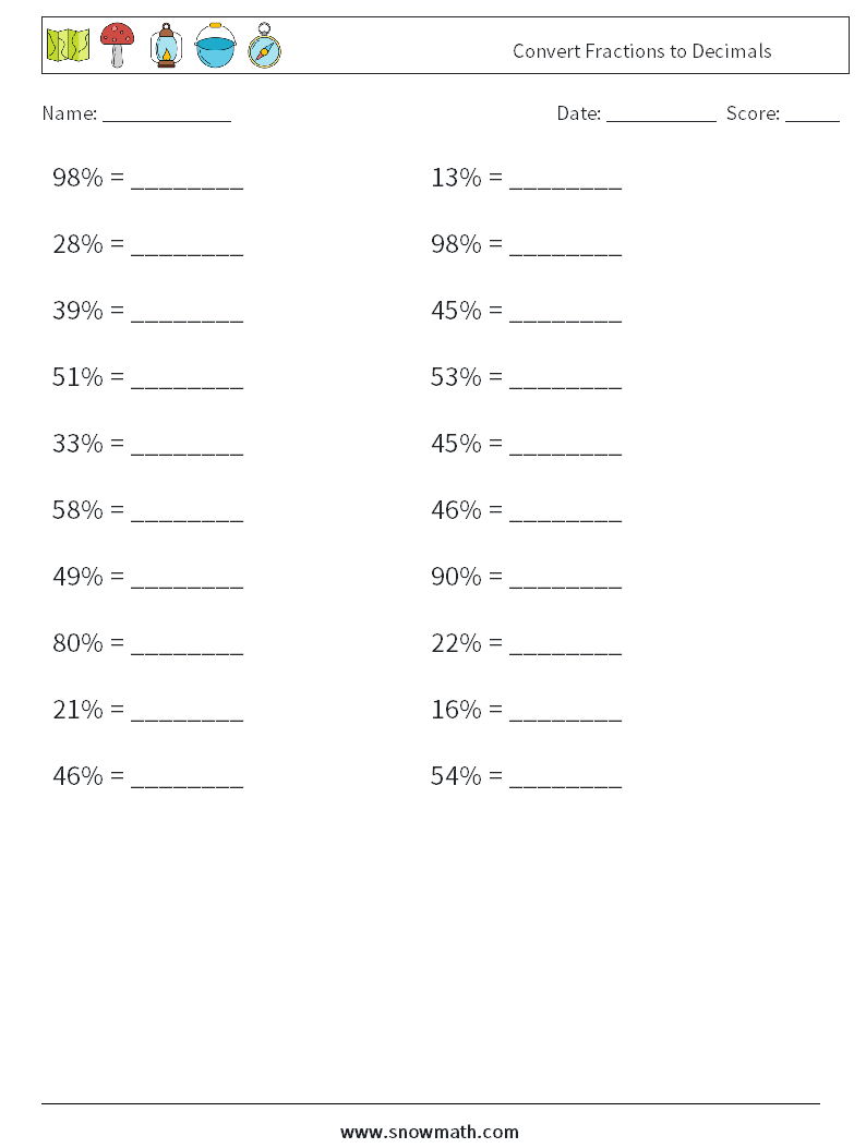 Convert Fractions to Decimals Maths Worksheets 3