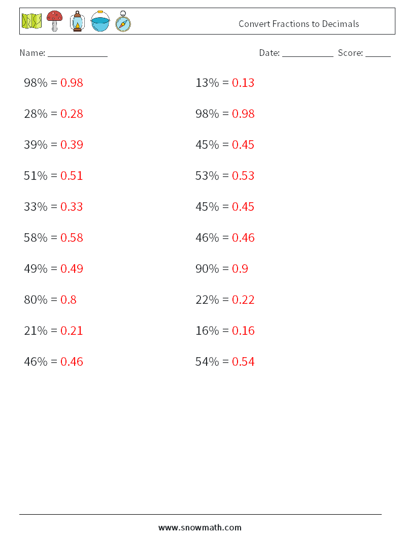 Convert Fractions to Decimals Maths Worksheets 3 Question, Answer