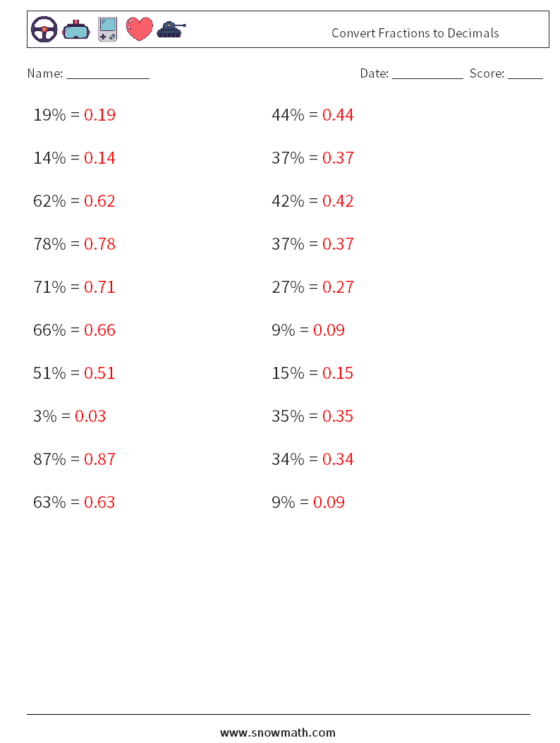 Convert Fractions to Decimals Maths Worksheets 4 Question, Answer