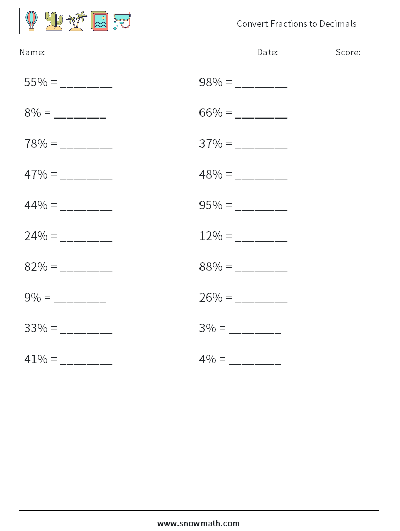 Convert Fractions to Decimals Maths Worksheets 5