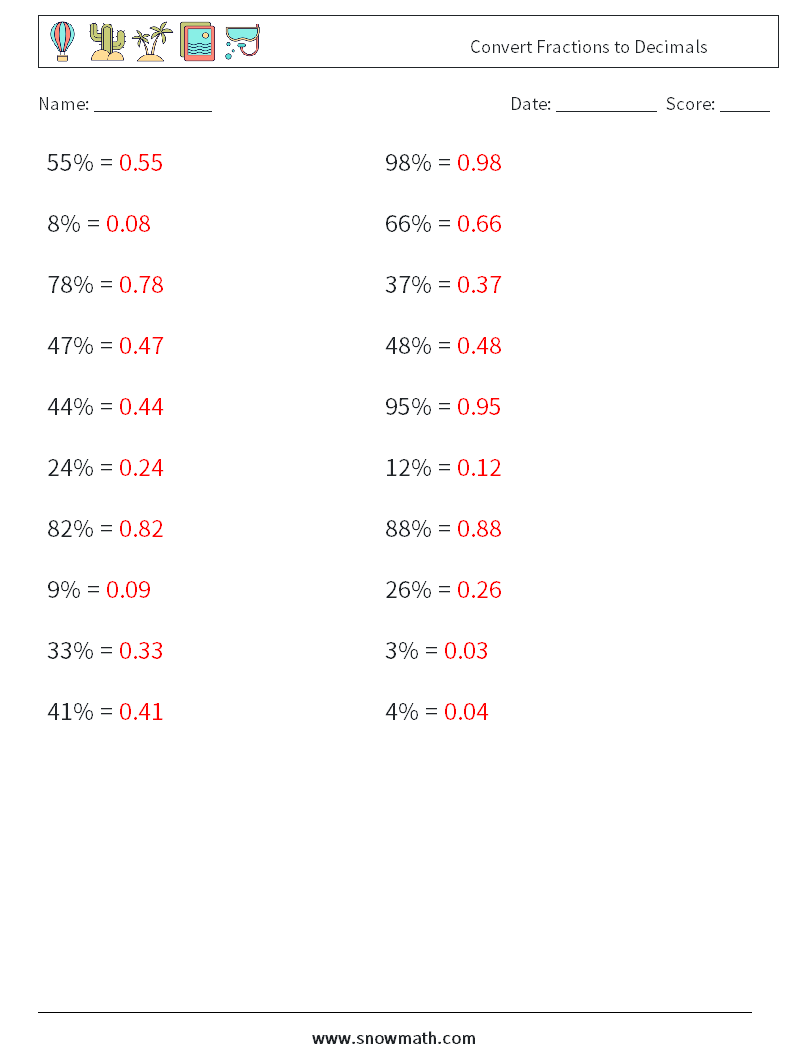 Convert Fractions to Decimals Maths Worksheets 5 Question, Answer