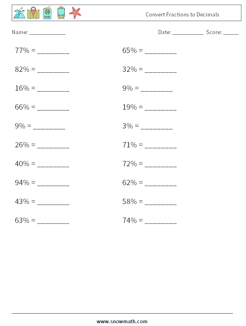 Convert Fractions to Decimals Maths Worksheets 6