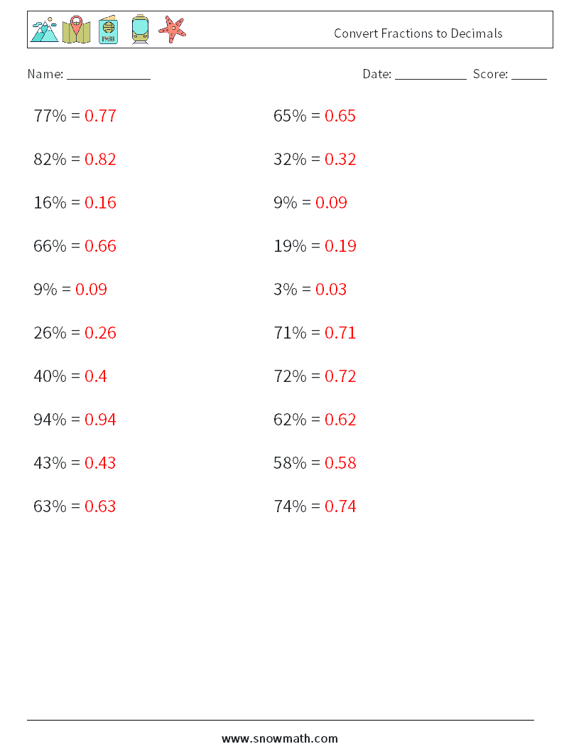 Convert Fractions to Decimals Maths Worksheets 6 Question, Answer