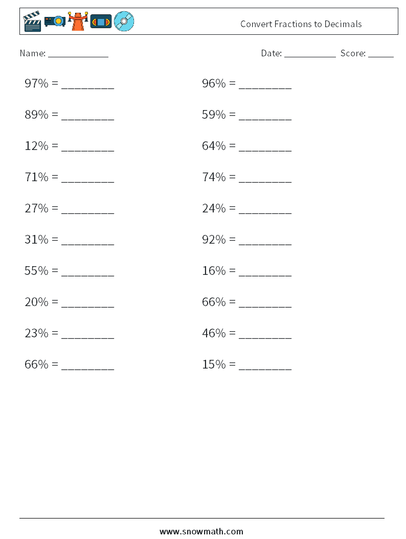 Convert Fractions to Decimals Maths Worksheets 7